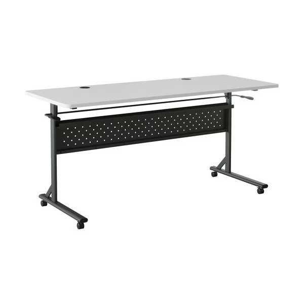 Flip-top nesting table with modesty panel, versatile and space-saving.